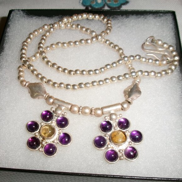 Vintage Amethyst Flower 18" Silver Bead Necklace - Picture 7 of 9